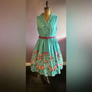 Lindy Bop Floral Teal Belted Swing Dress with pockets